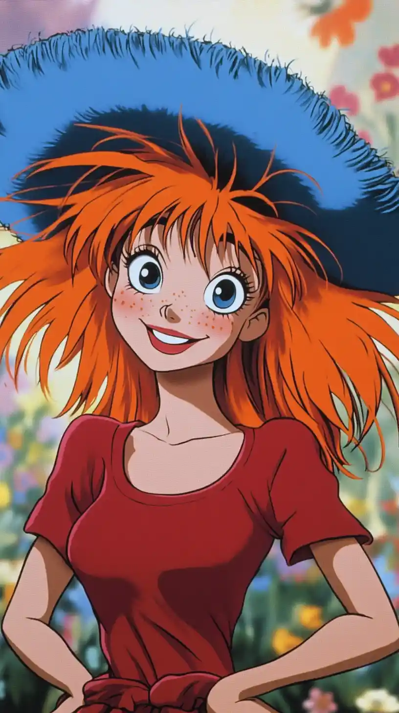 Playful cartoon girl with orange hair in a flower city