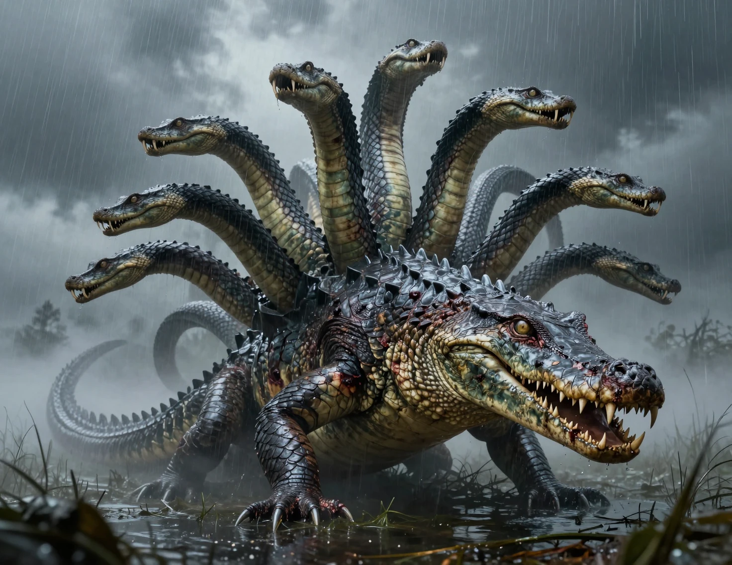 Mythical hydra emerging from a stormy misty marsh