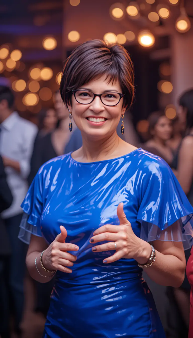Smiling older woman in blue dress at indoor party