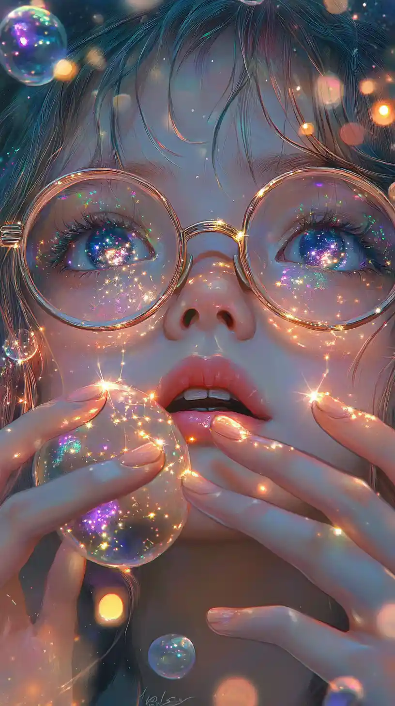 Girl weaving glowing starlight threads into floating cosmic galaxies