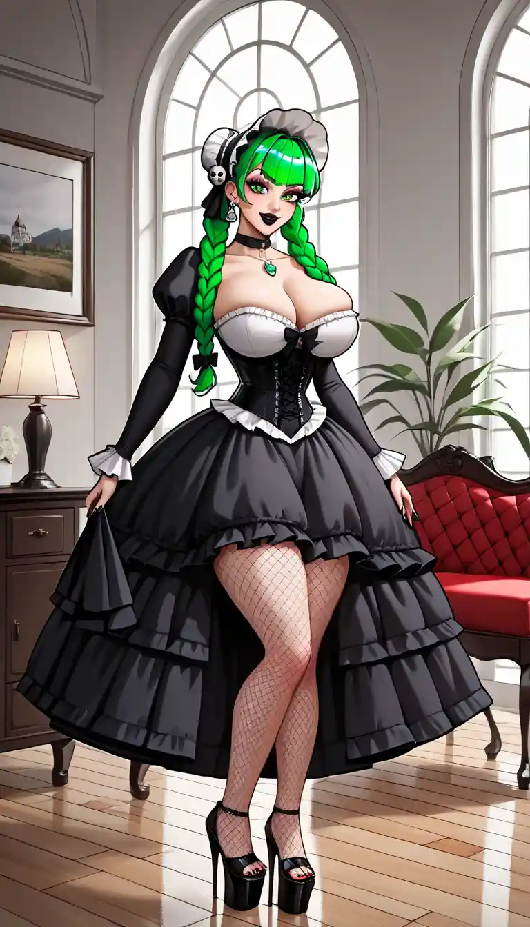 Gothic fashion woman in victorian living room with parasol