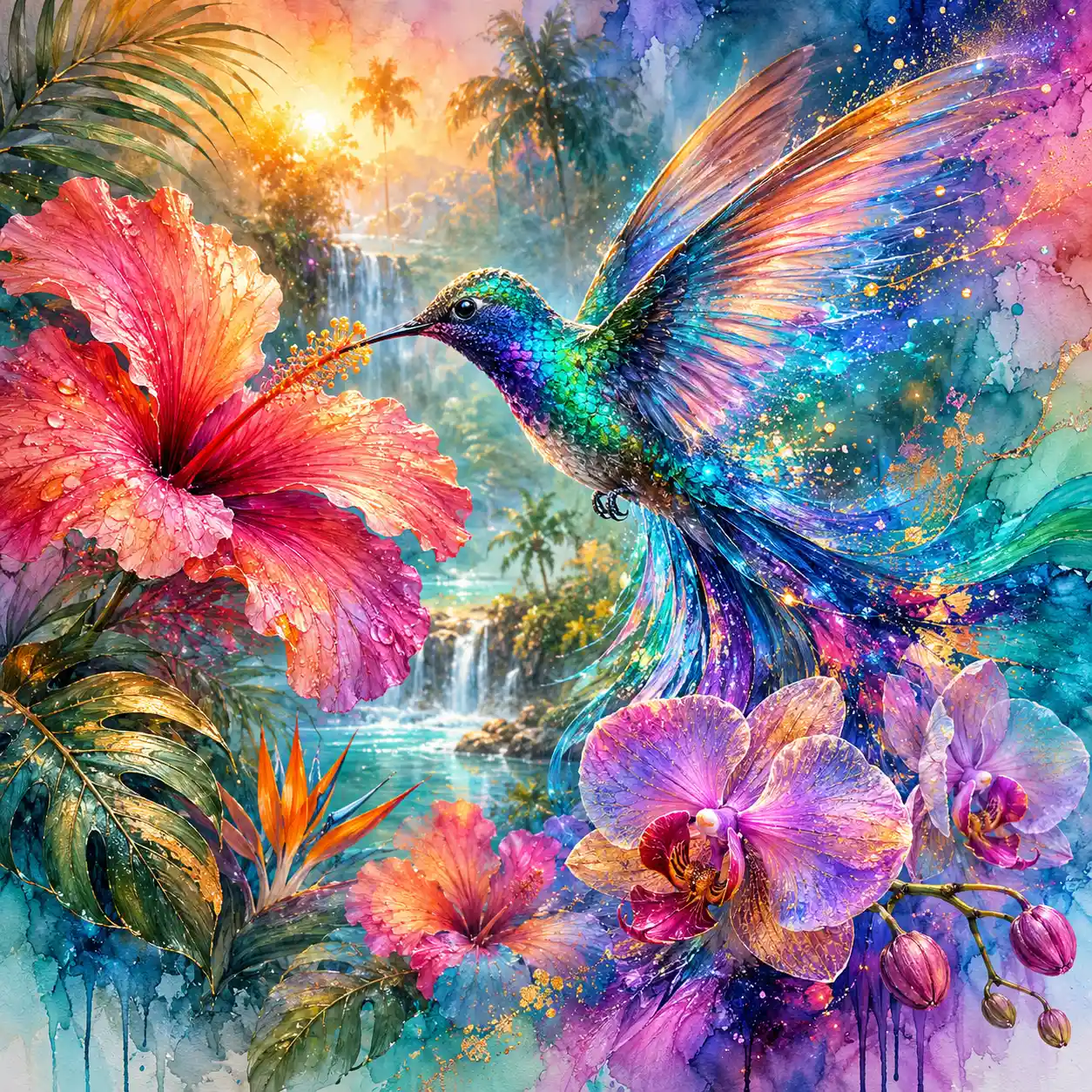 Luminous hummingbird in a lush jungle with tropical flowers