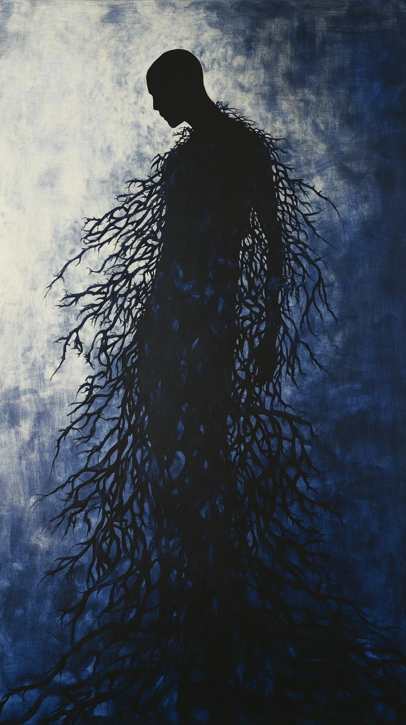 Tall shadowy man in dark flowing thorn edged garments
