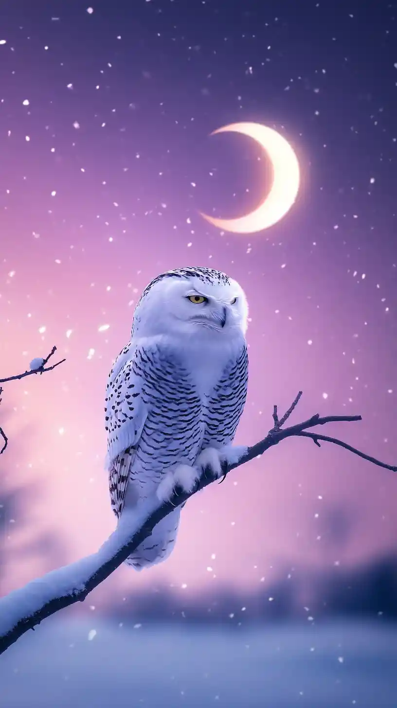 Snowy owl on bare branch under crescent moon in twilight