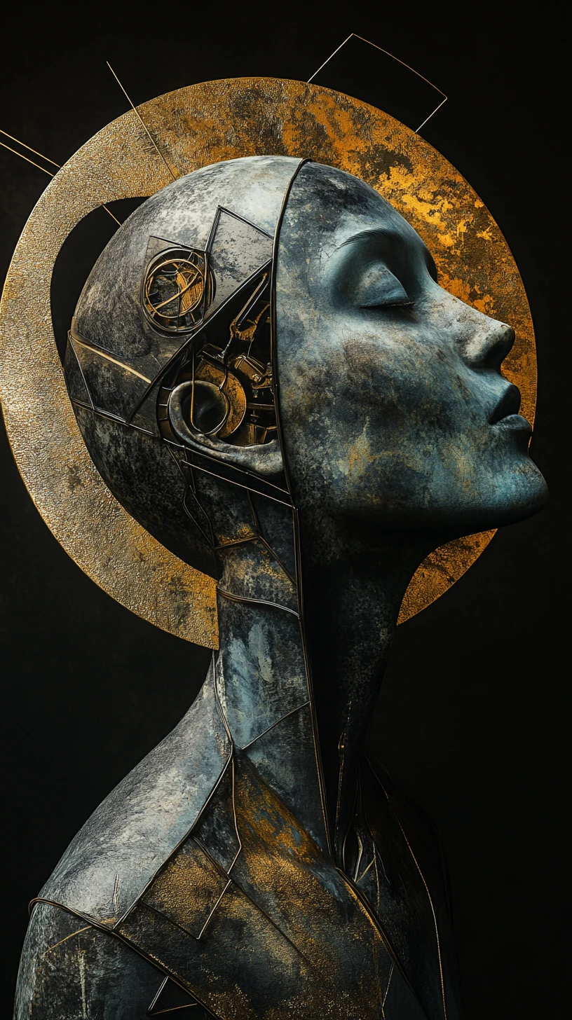 Surreal harlequin profile with golden halo and geometry