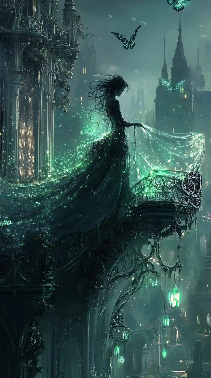 Woman weaving glowing memories into fabric in gothic atelier
