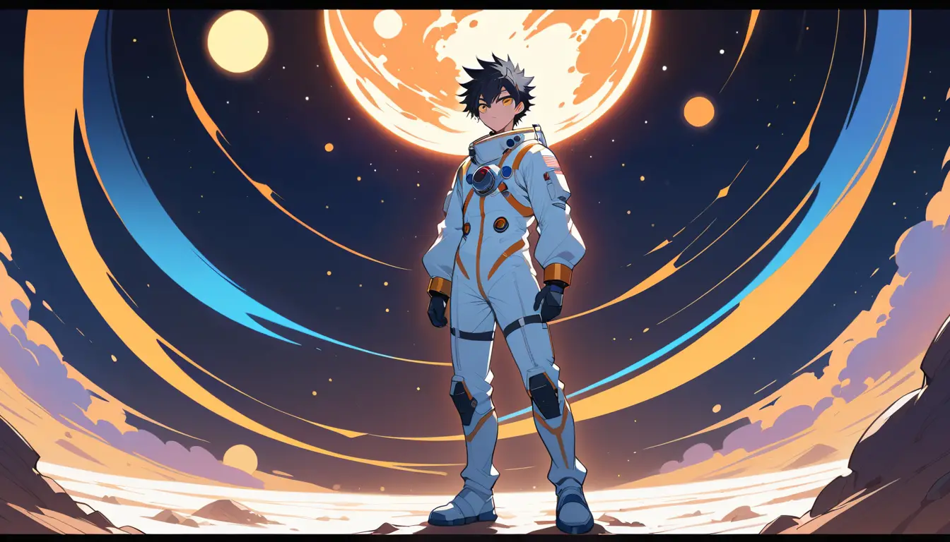 Anime hero in a futuristic spacesuit on alien world