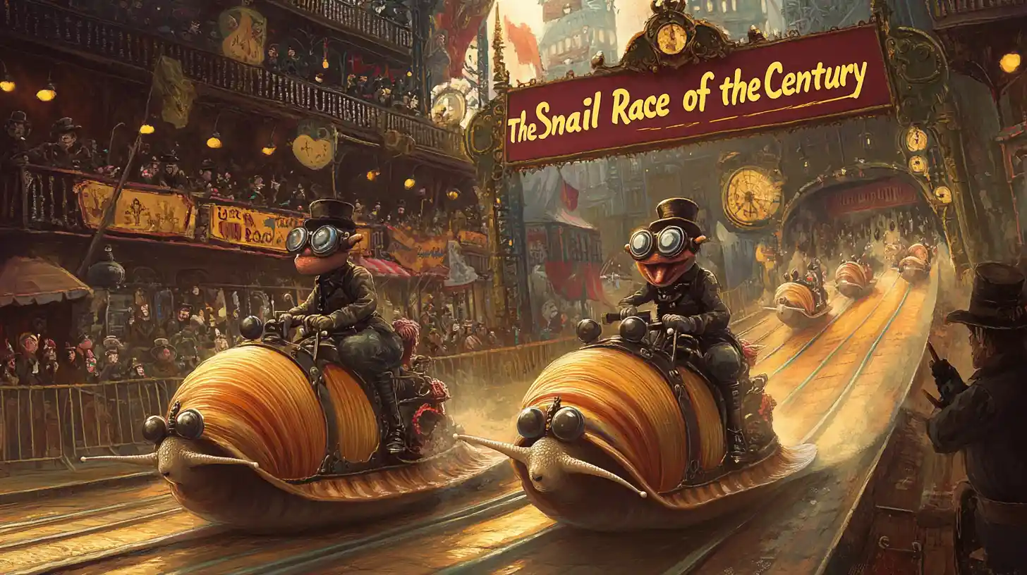 Colorful steampunk snail race with cricket jockeys and crowd