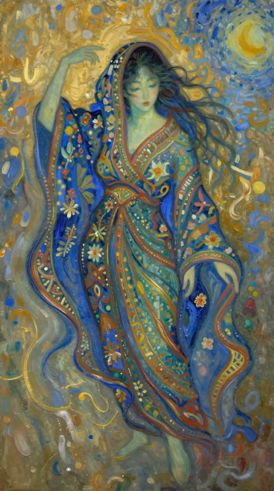 Ethereal woman in flowing patterned garments and abstract color splashes