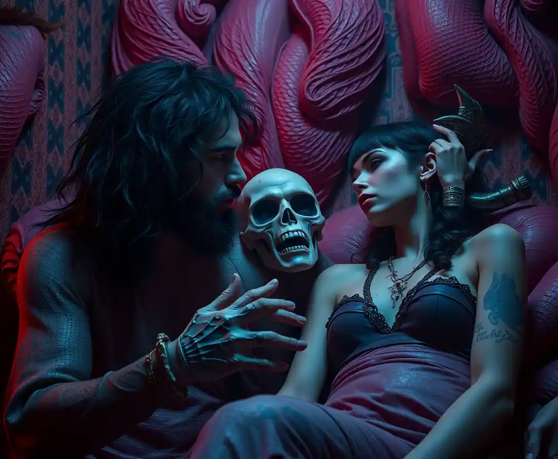 Surreal popsurrealist scene mixing comedy horror and desire