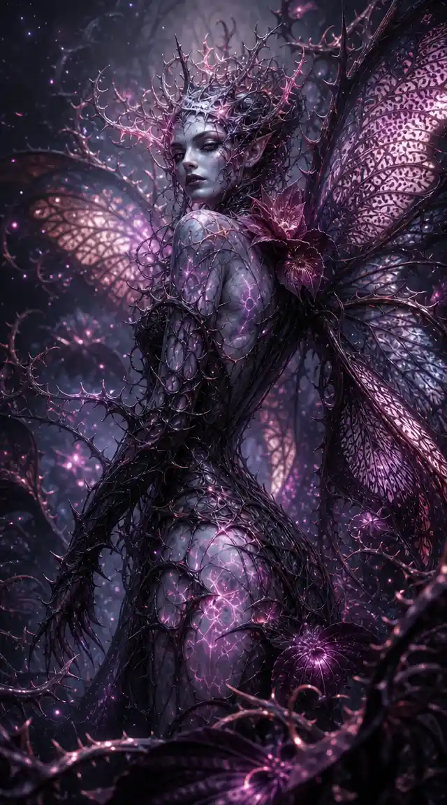 Dark fae woman with thorned limbs and glowing veins