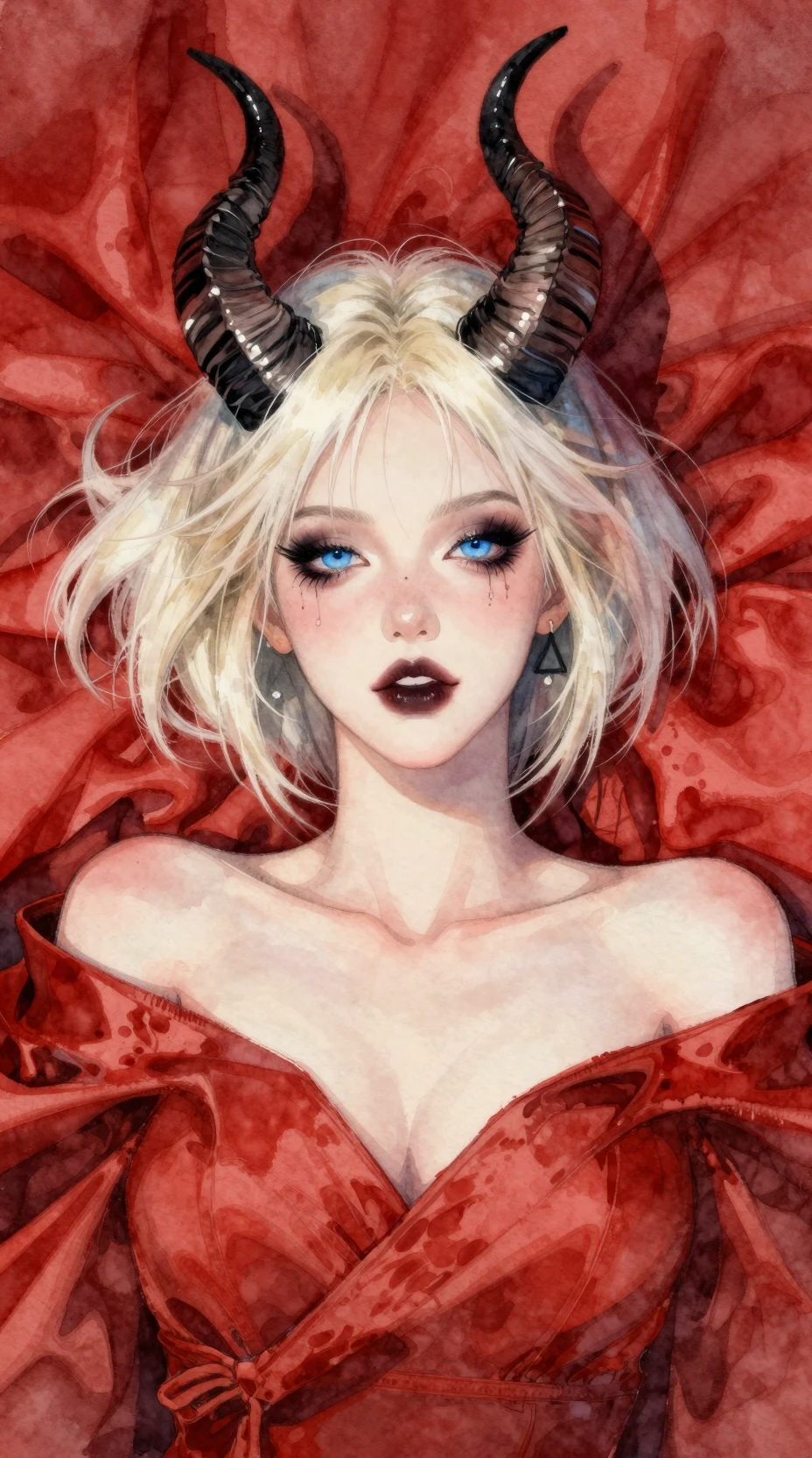 Gothic woman with horns on red satin bed