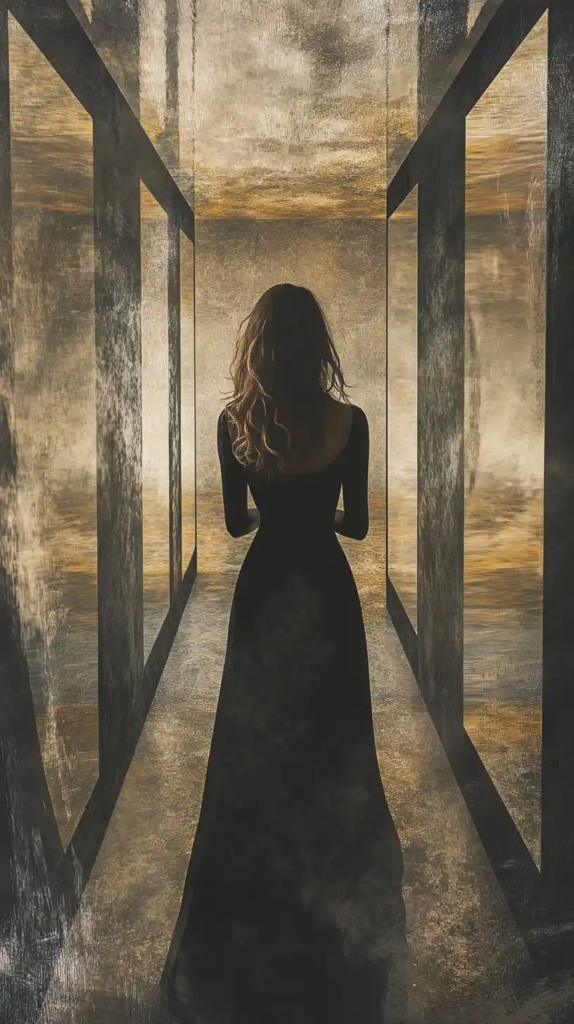 Solitary femme fatale with mirrors in a voidlike chamber