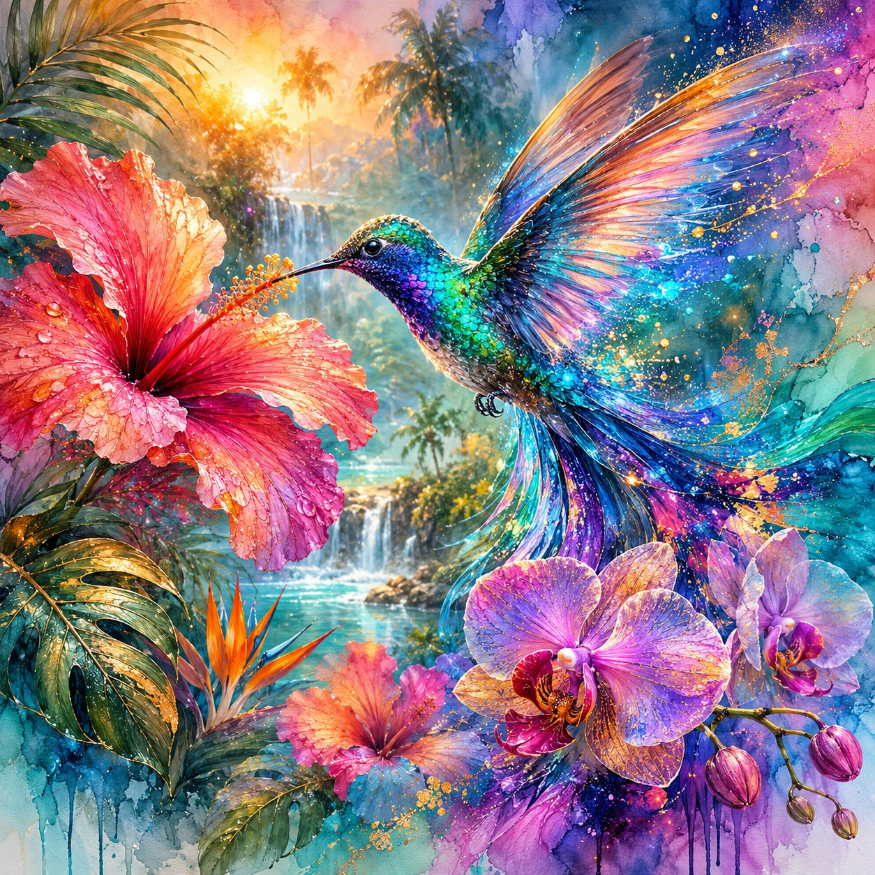 Luminous hummingbird in a lush jungle with tropical flowers