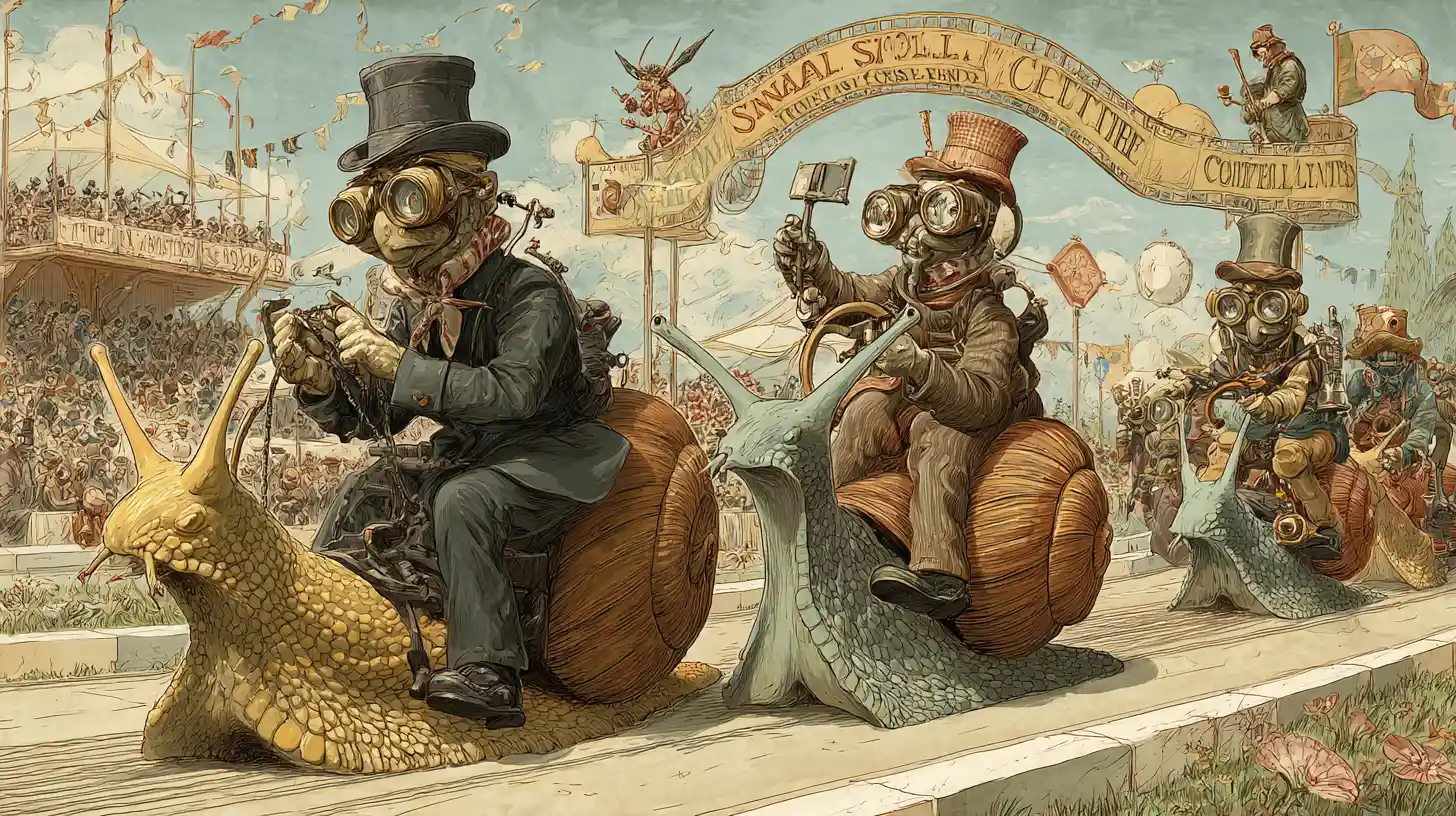 Colorful steampunk snail race with cricket jockeys and crowd