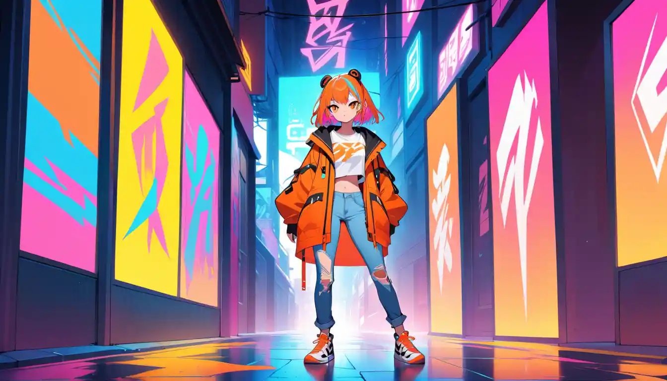 Anime street style girl before colorful neon graffiti wall