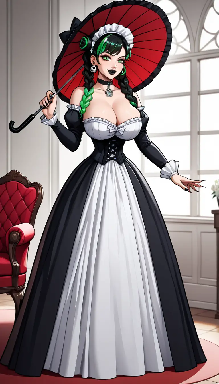 Korean woman in gothic victorian gown on red couch