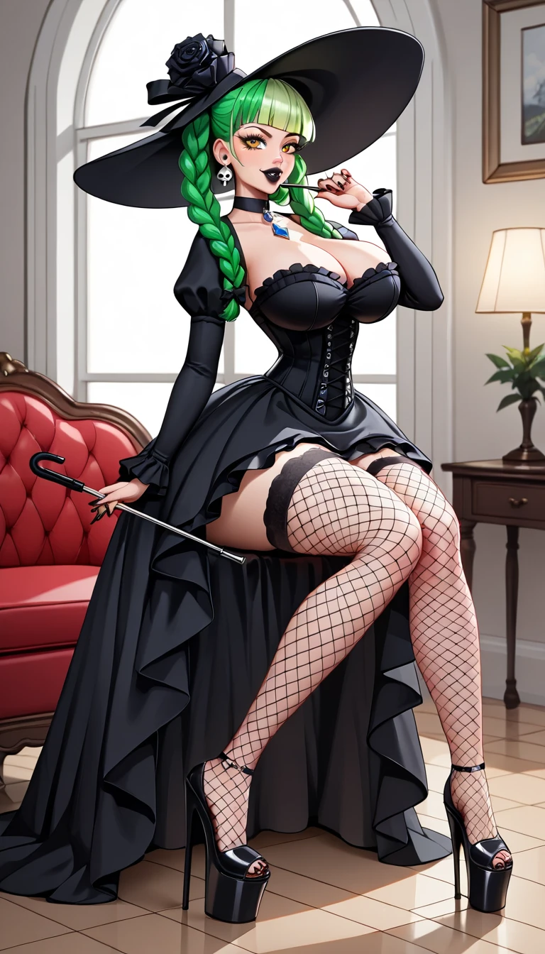 Korean woman in black victorian gown on red couch