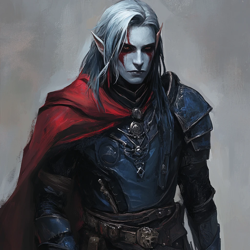 Arcane hunter in dark blue armor with crimson cloak