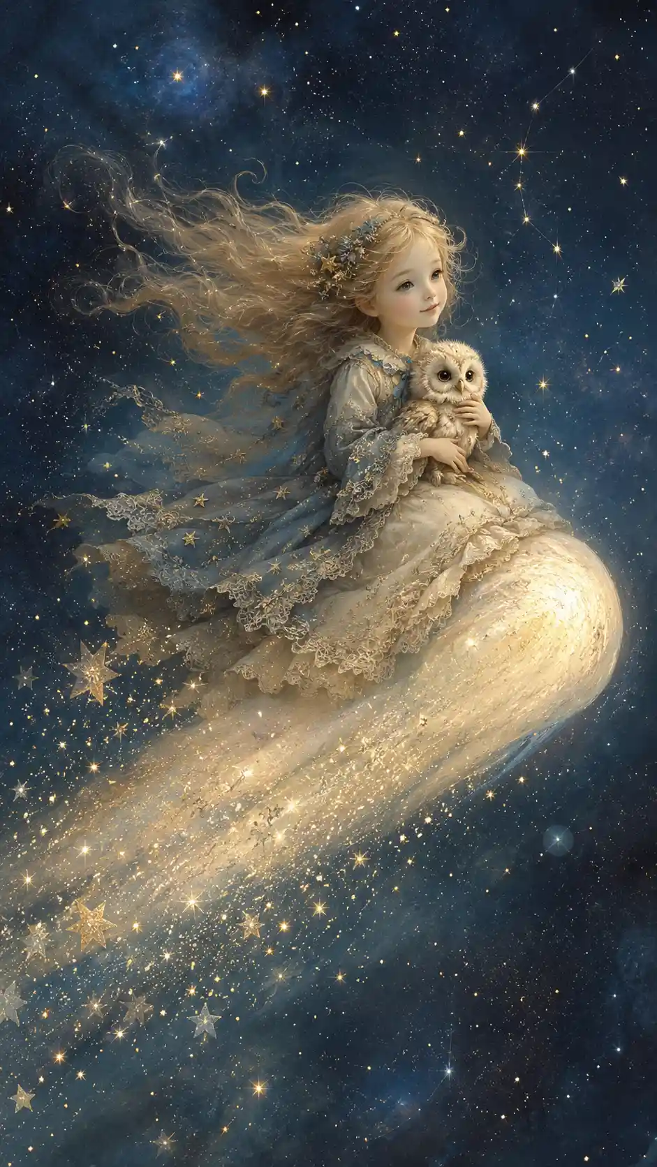 Child Riding A Glowing Comet Through Starry Skies