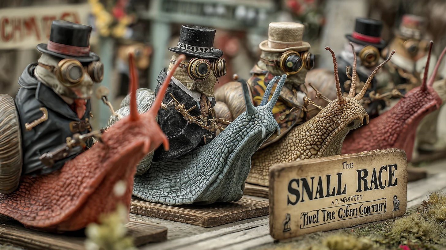 Colorful steampunk snail race with cricket jockeys