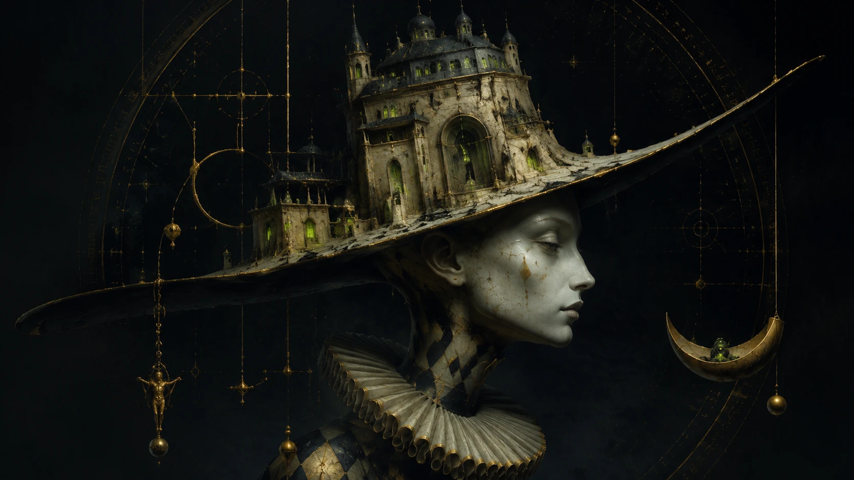 Surreal hat as glowing architectural world in darkness