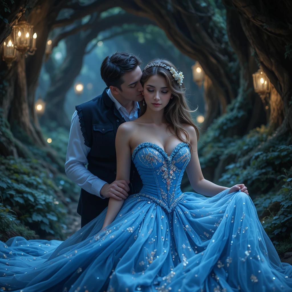 Romantic couple on a magical journey in a blue dress