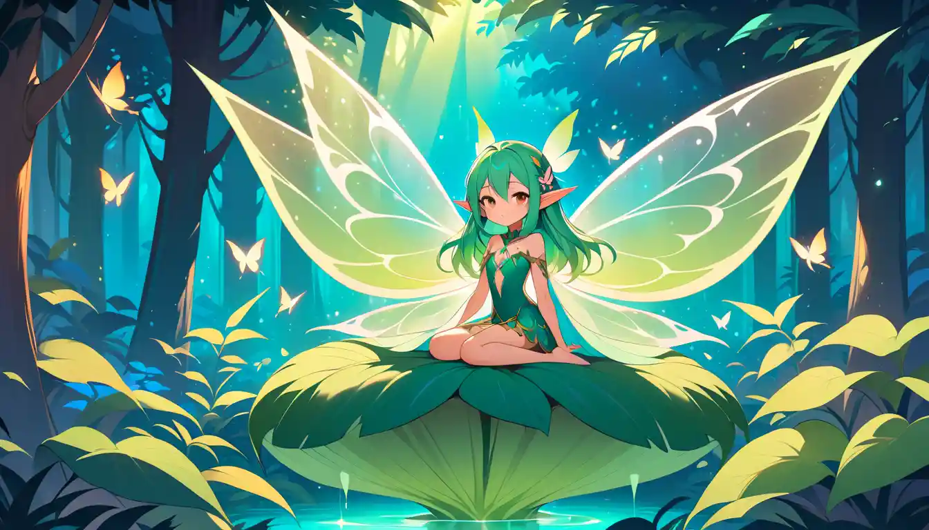 Elf woman resting on a giant flower in forest
