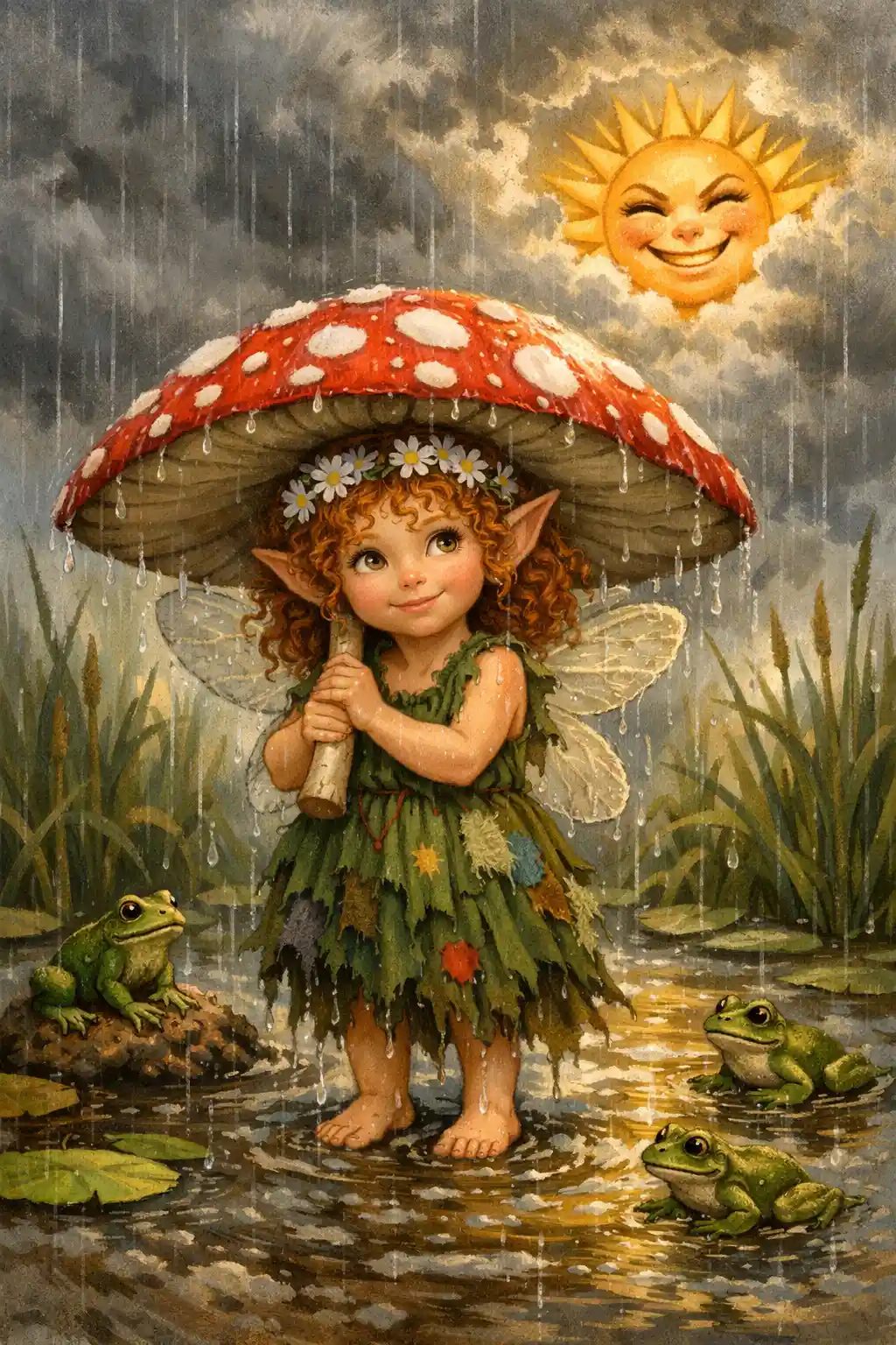 Young fairy girl with mushroom umbrella in the rain
