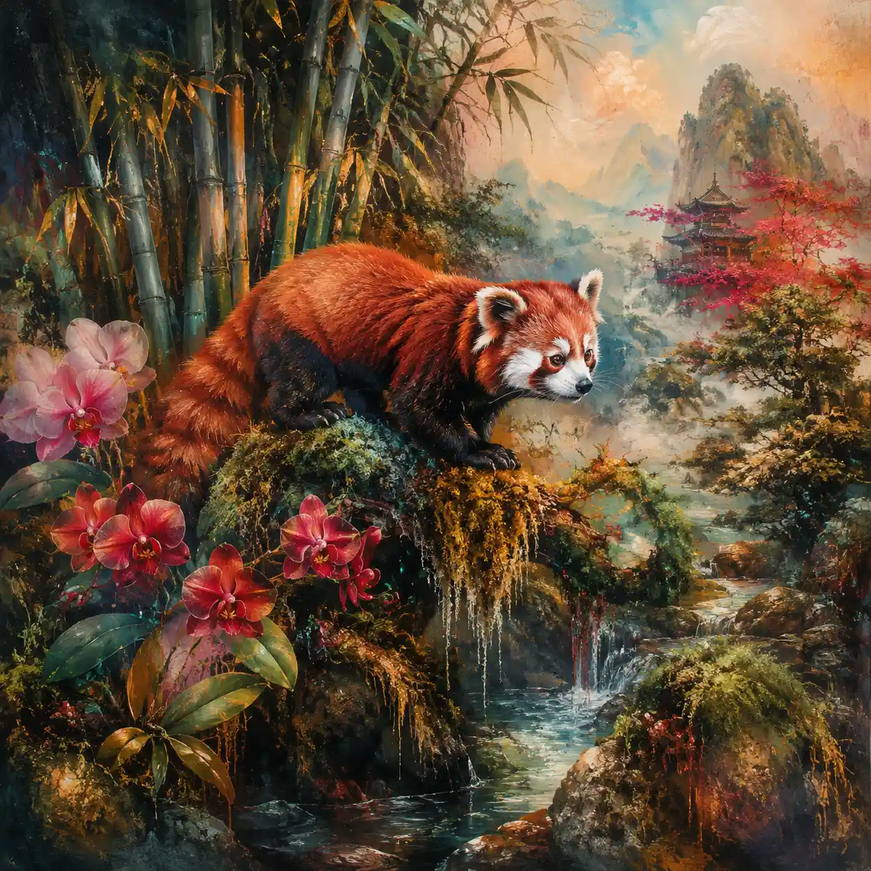 Red panda in luminous jungle with bamboo and orchids
