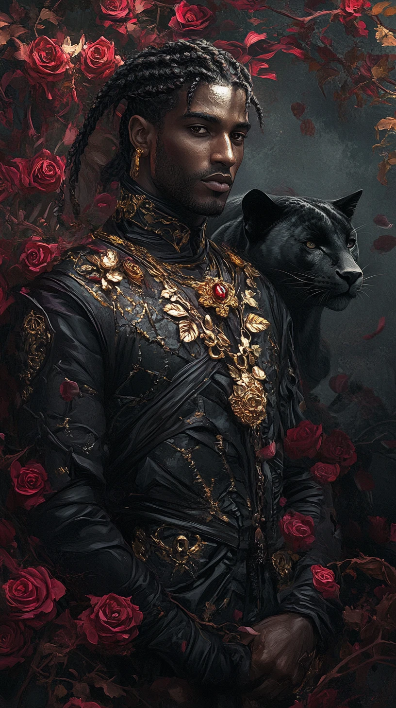 Regal dark guardian amid roses in gothic fantasy