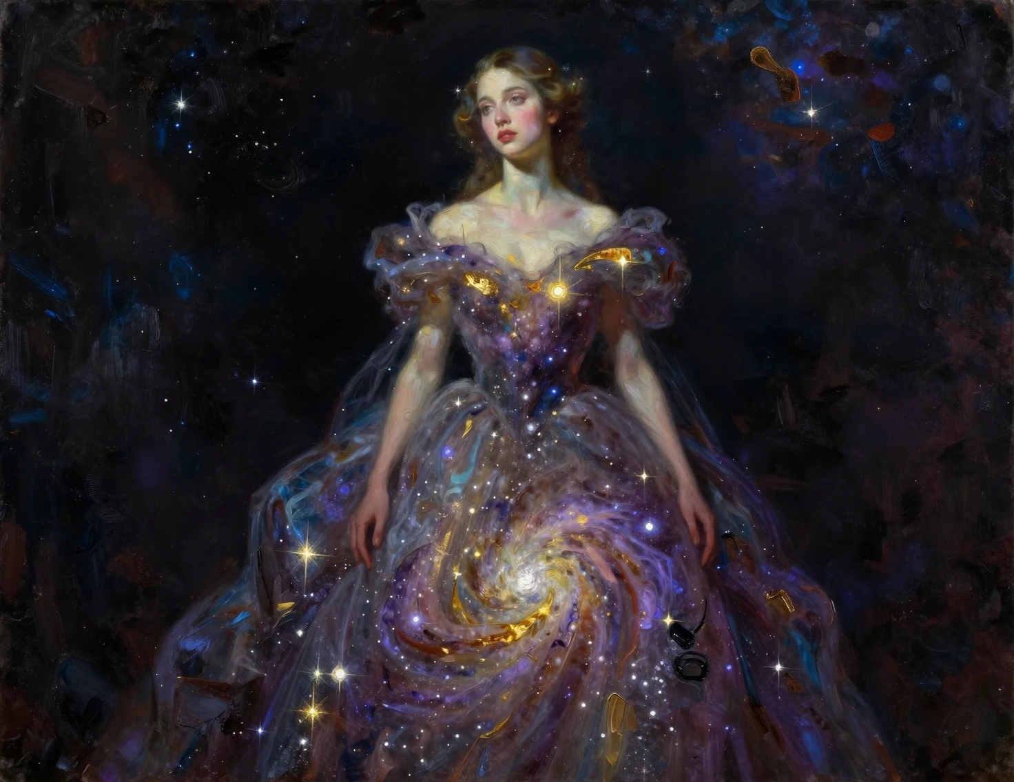 Surreal portrait of a noble woman in a stardust gown