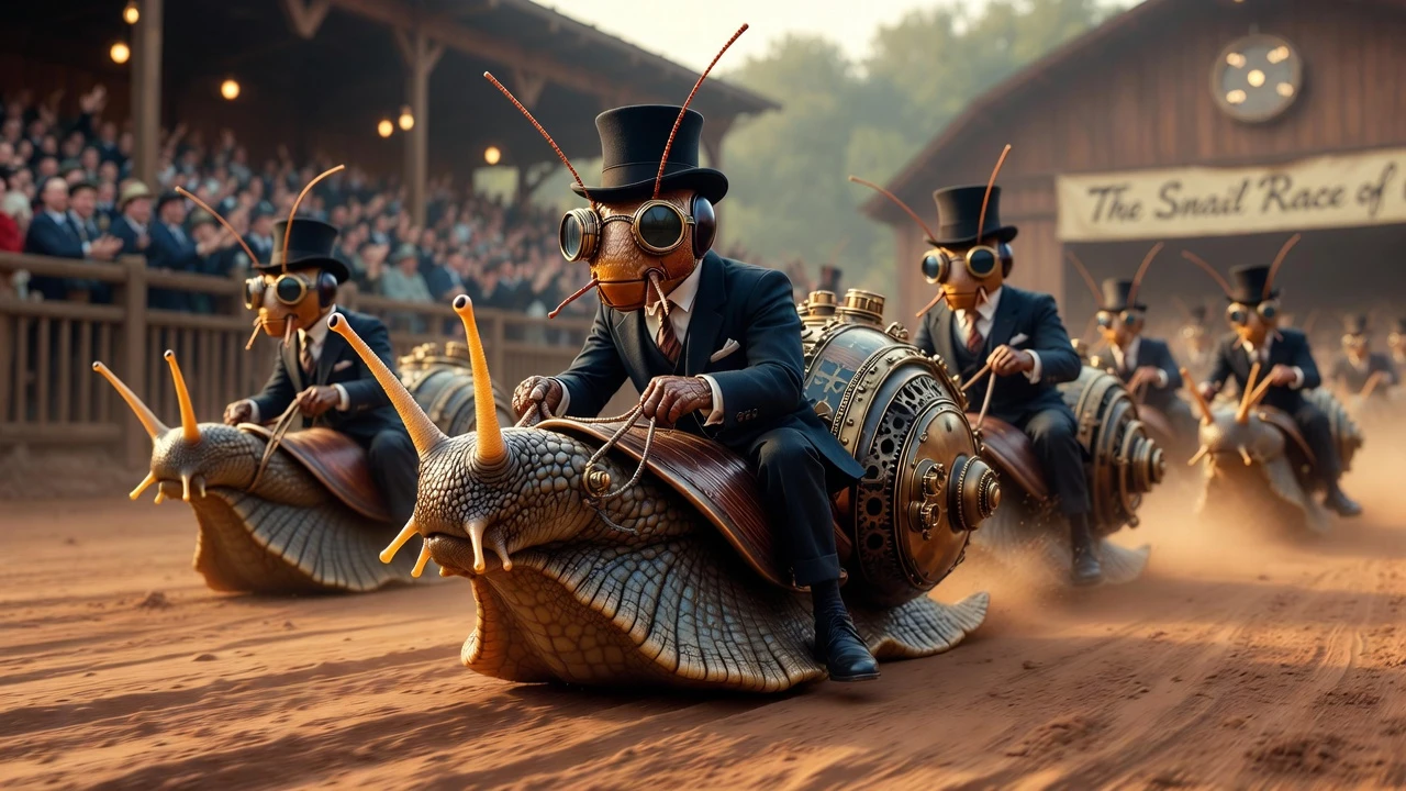 Colorful steampunk snail race with cricket riders and crowd