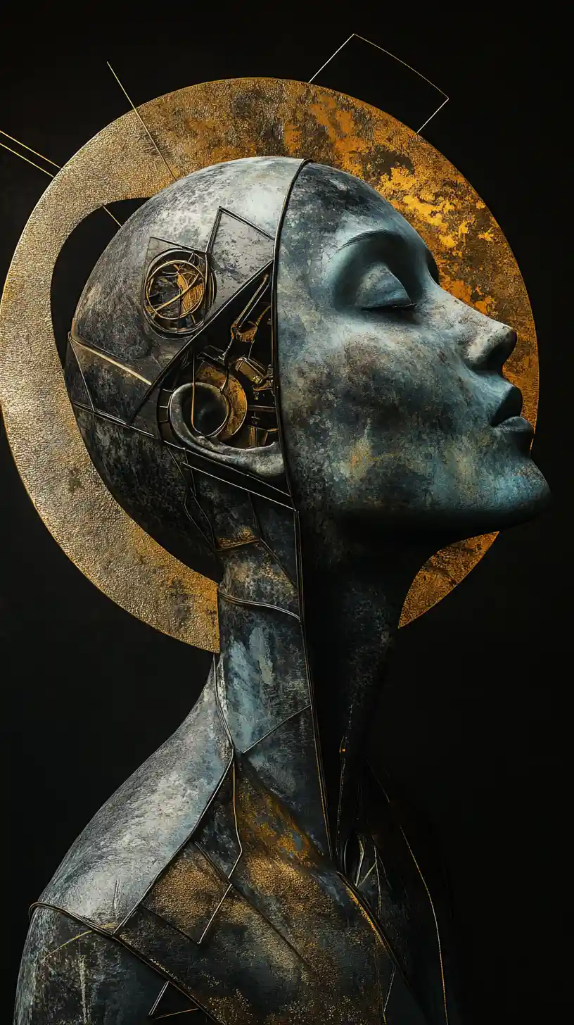 Surreal harlequin profile with golden halo and geometry