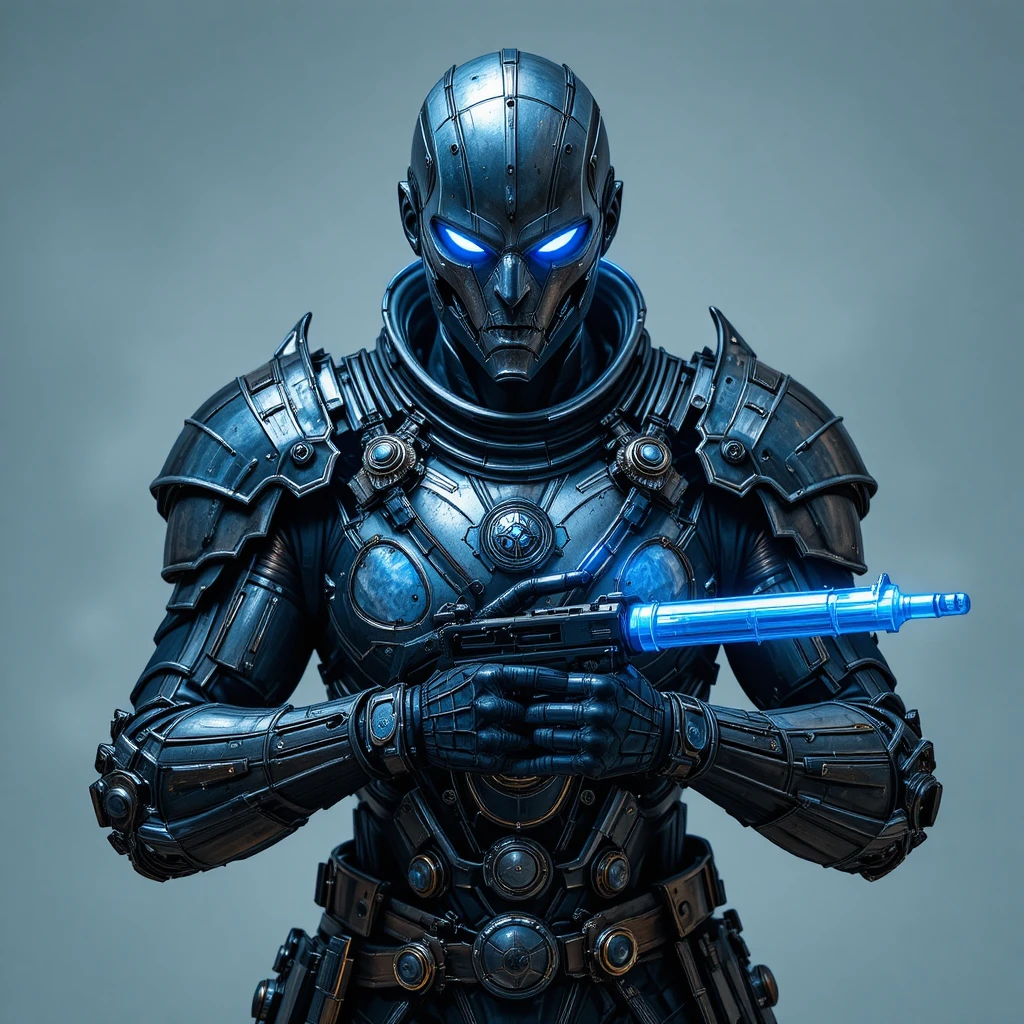 Armored warrior holding glowing blue translucent weapons arrays
