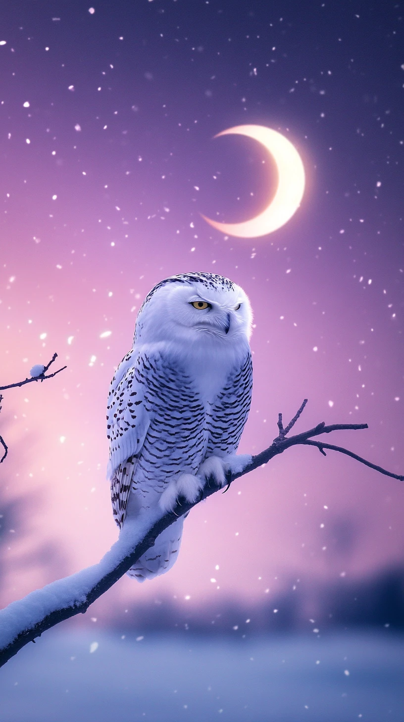 Snowy owl on bare branch under crescent moon in twilight