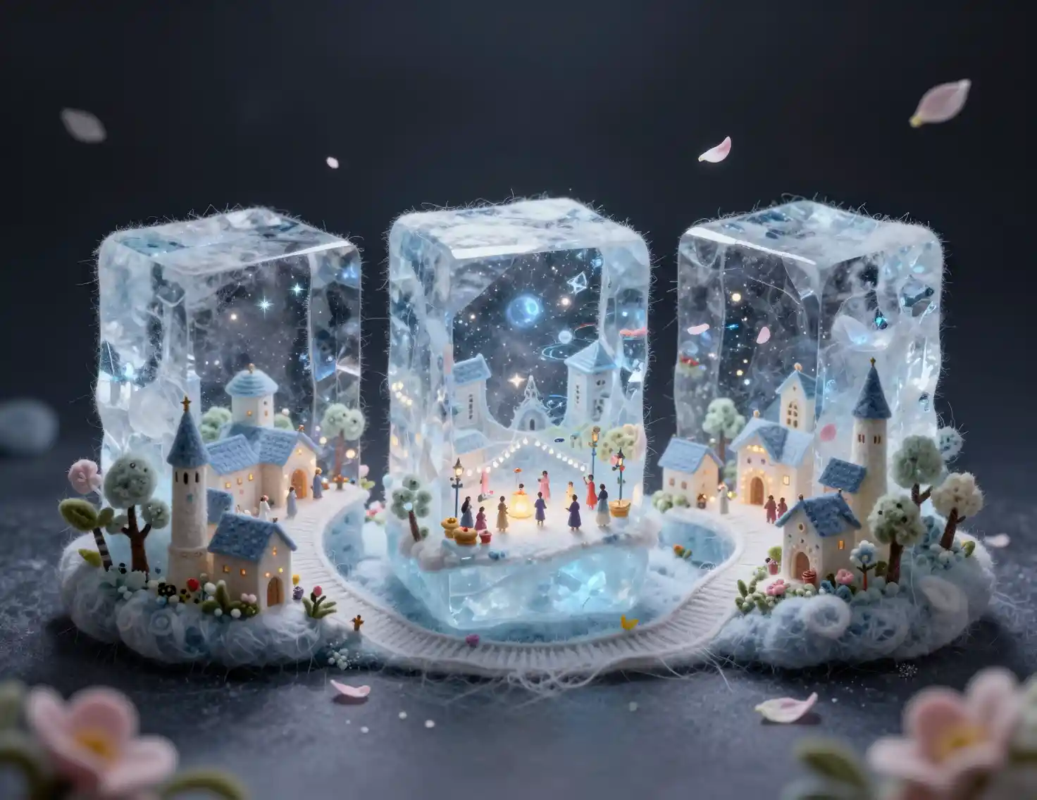 Miniature Felt Village Encased In Glowing Ice Blocks