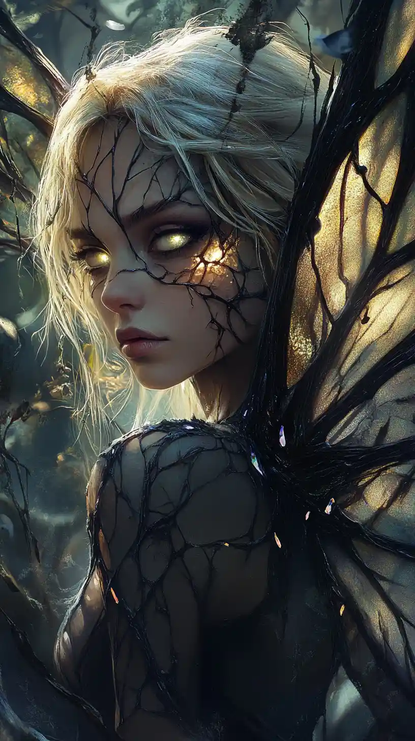 Defiant fairy with broken crystal wings in shadowed forest