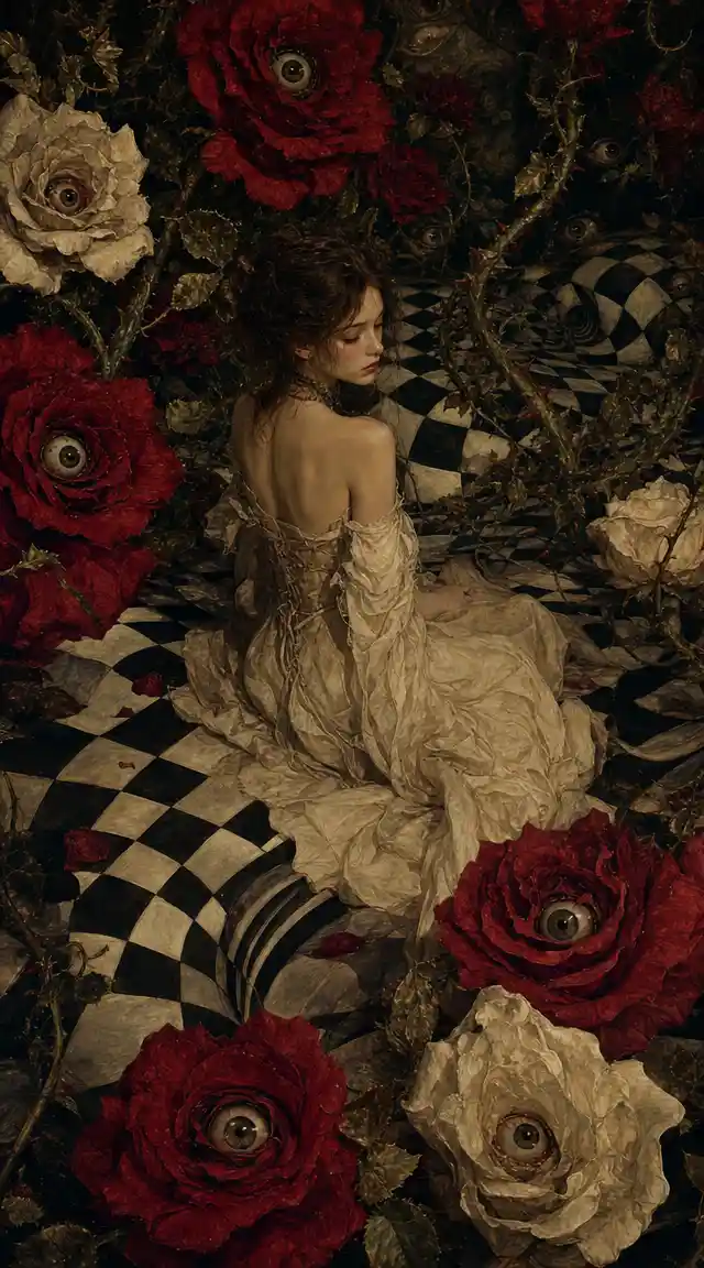 Young woman in a surreal labyrinth of roses and vines
