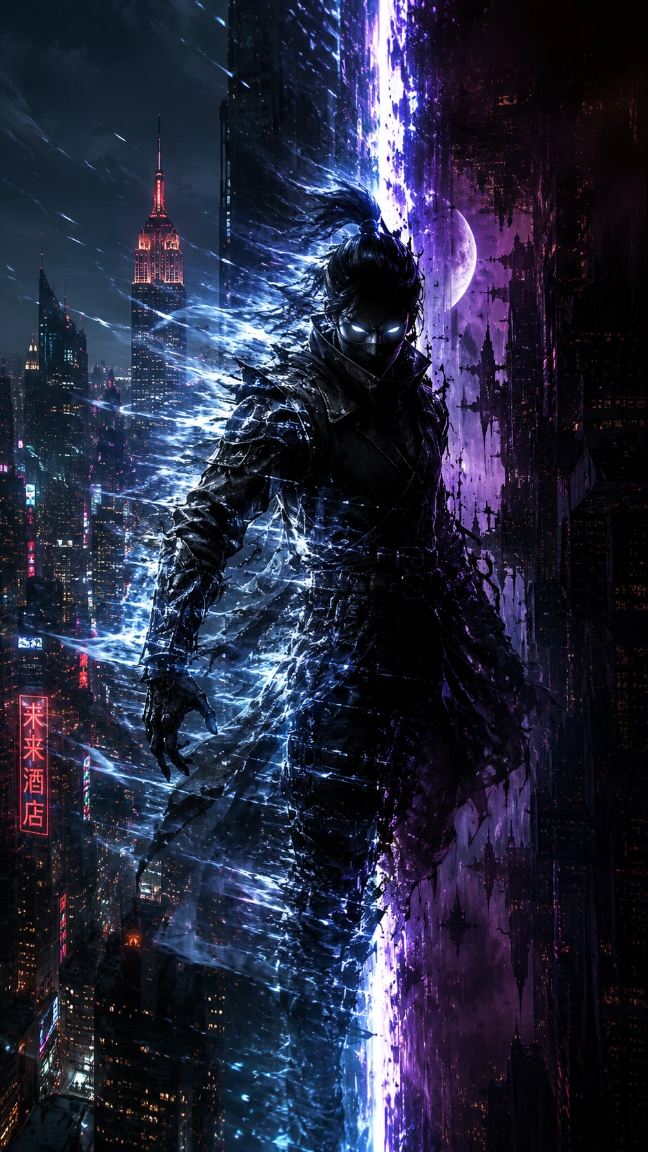 Ghostly urban warrior merging with a streaked city skyline
