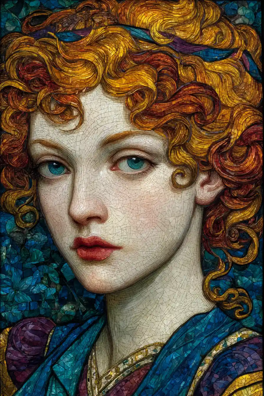 Stained glass portrait of a woman with wild curls