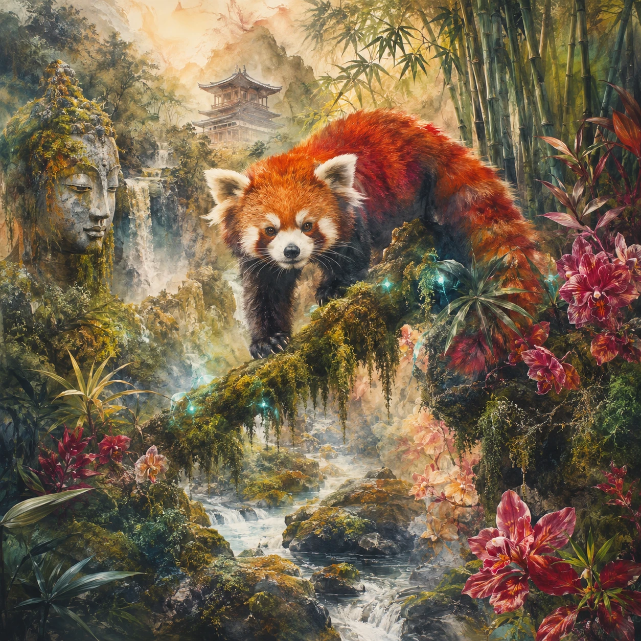 Red panda mood board in lush Asian jungle setting