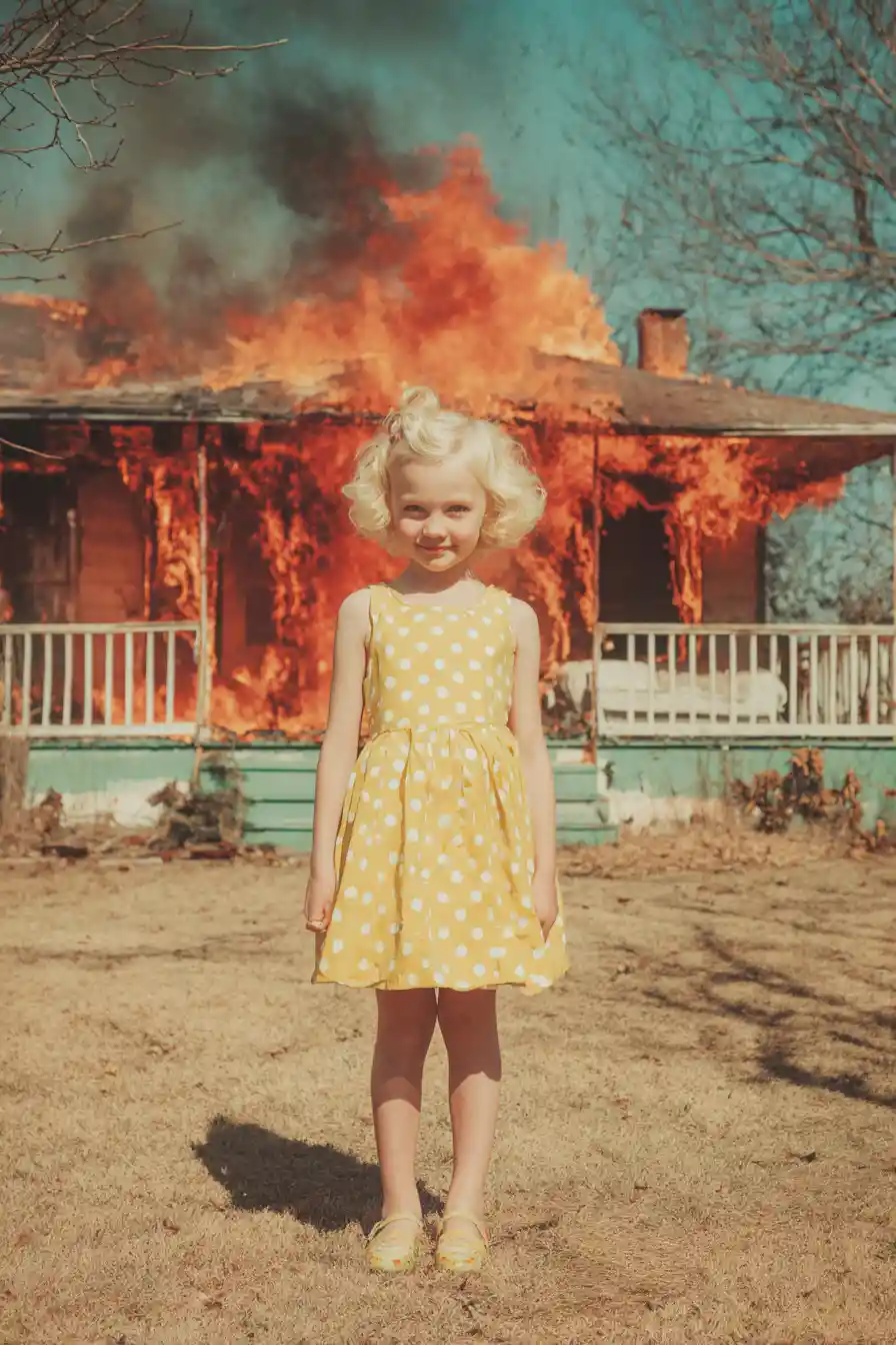 Smiling girl in yellow dress before a burning suburban house