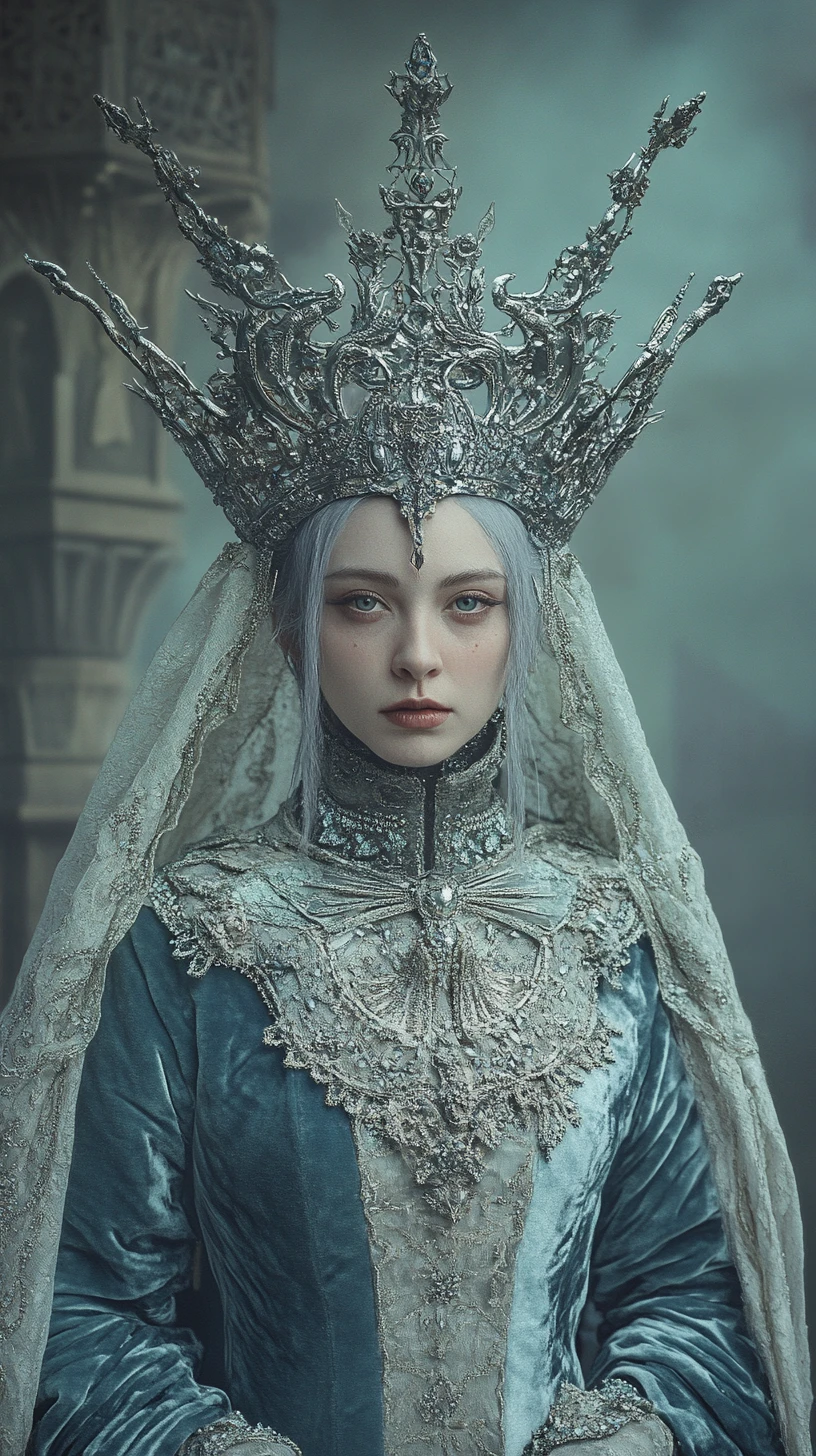Fantasy queen of swords in blue velvet royal dress
