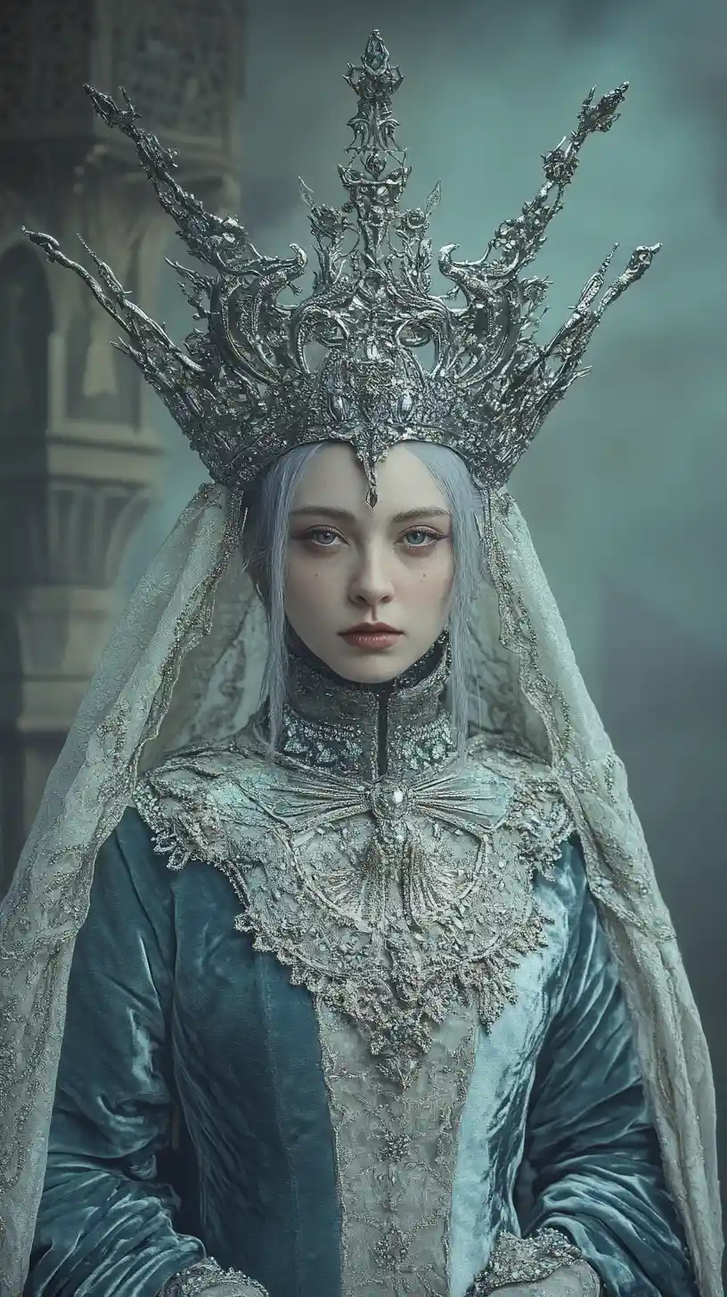 Fantasy queen of swords in blue velvet royal dress