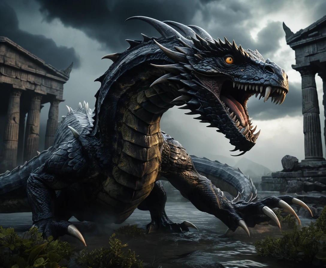 Legendary hydra rising from a stormy dark swamp