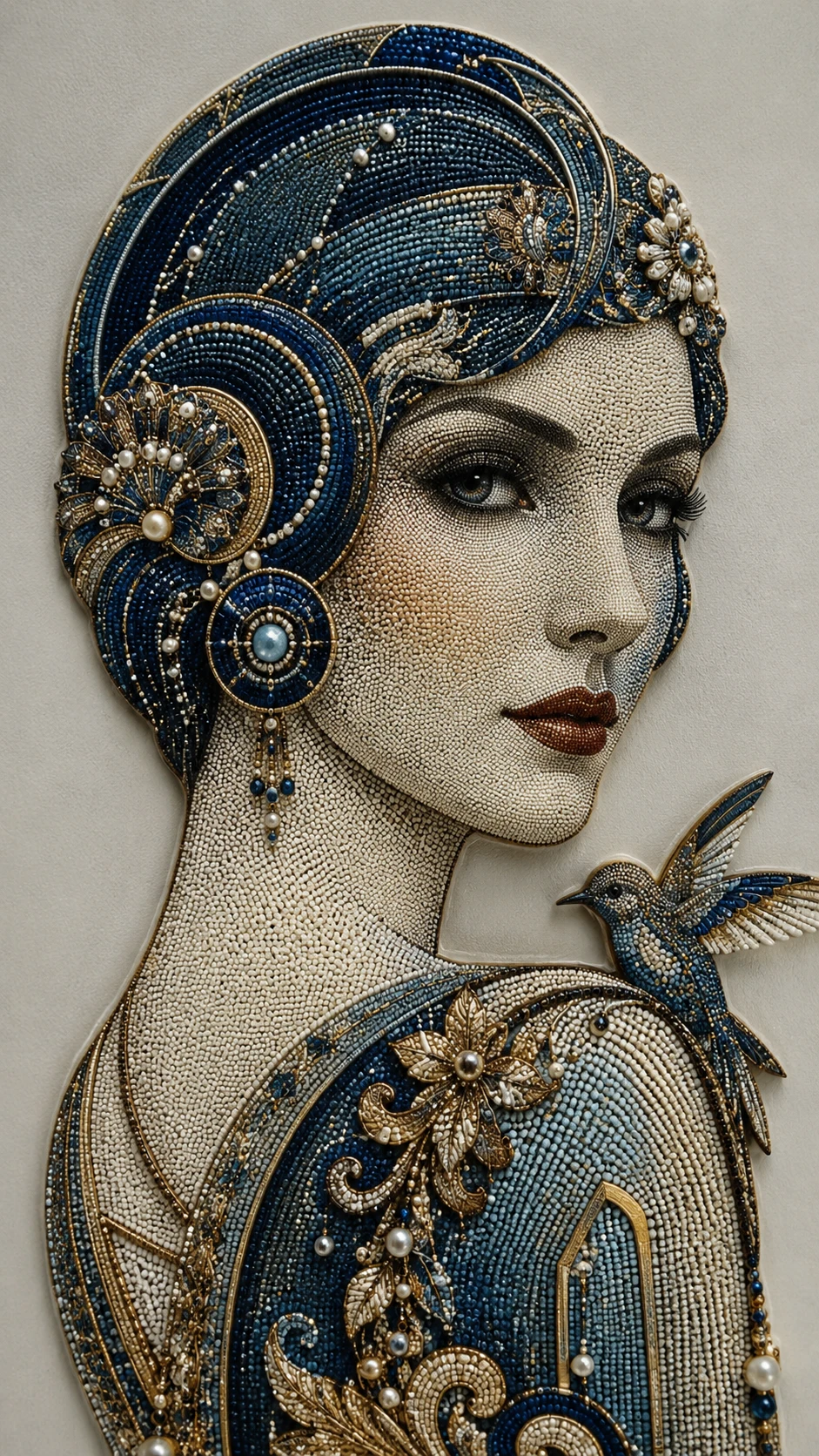 Pointillist portrait of a mysterious woman in art deco style