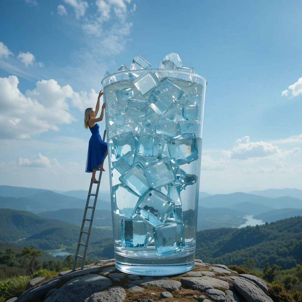 Woman climbing ladder to a giant water glass on hilltop