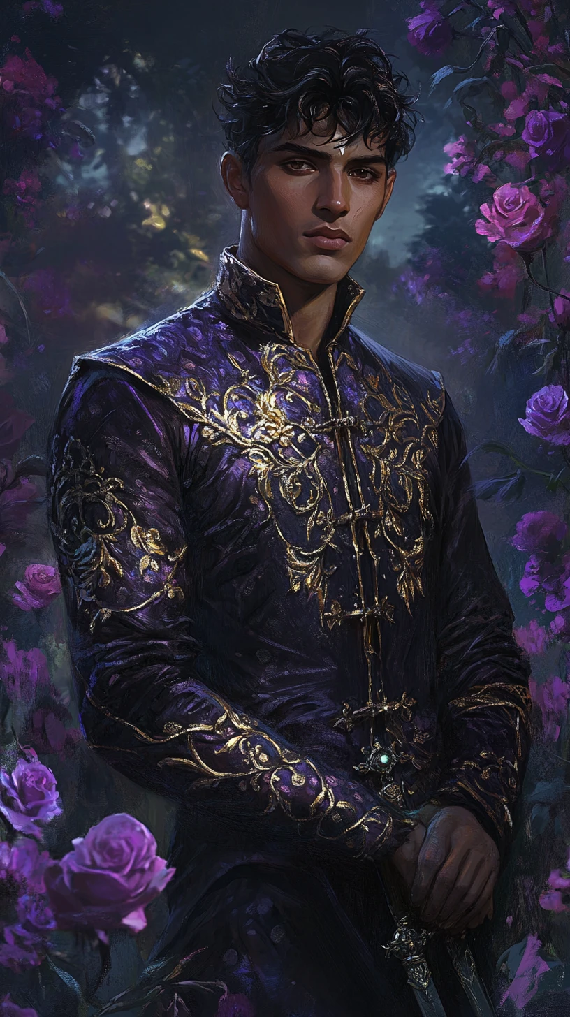 Fantasy duelist in a twilight field of dark violet roses
