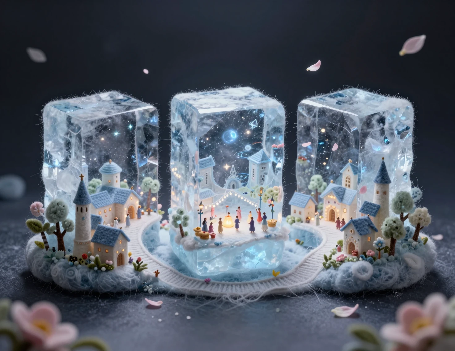 Miniature Felt Village Encased In Glowing Ice Blocks
